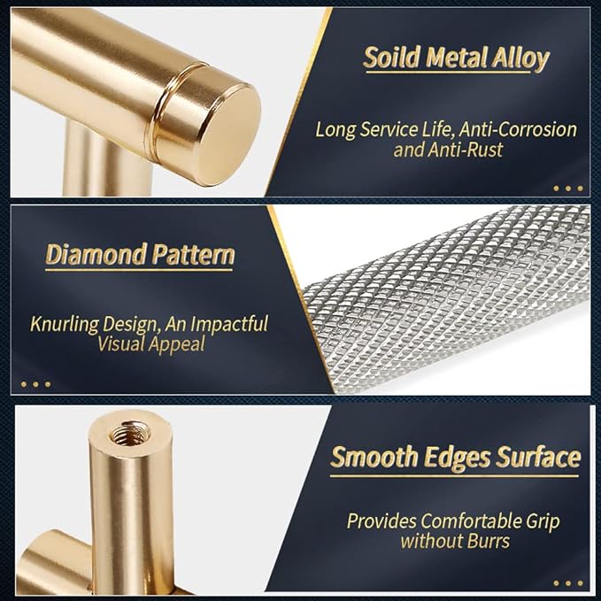 Knurled Cabinet Pulls 12 Pack, 3.5 Inch Long Cabinet Handles Metal Door Pulls, Kitchen Drawer Pull Knurled Dresser Handles - 2 1/2" Hole to Hole, Grey & Gold