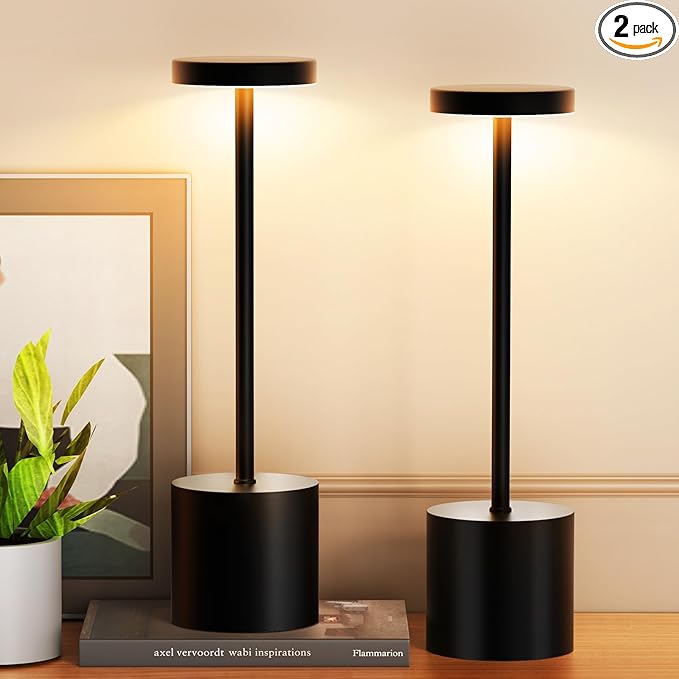 Cordless Table Lamp – 2 Pack Rechargeable Table Lamps, 5000mAh Battery Operated Lamp with 3-Color Dimmable Light, Outdoor Table Lamp for Bedroom, Restaurant, Patio, Home Décor (Black)