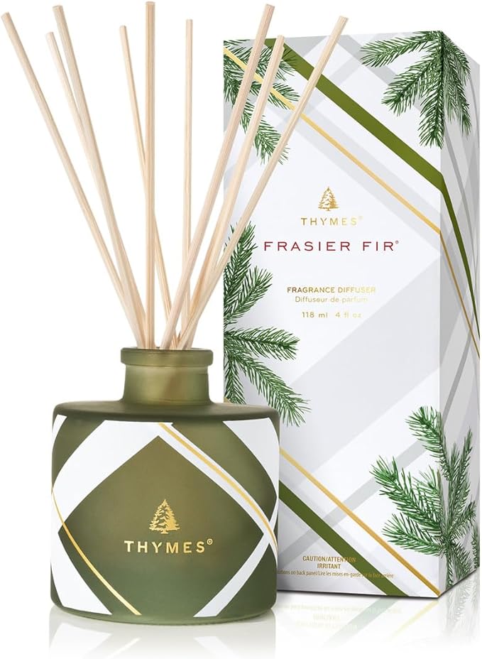 Thymes Frasier Fir Reed Diffuser Set – Includes Reeds, Fragrance Oil, and Frosted Glass Bottle – Fragrance Oil Diffuser – Room Fresheners – Luxury Home Decor – Green & White (Frosted Plaid, 4 fl oz)