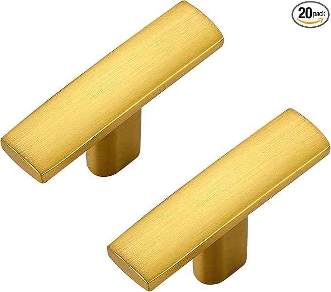 20 Pack Gold Cabinet Knobs - Curved Cabinet Pulls Brushed Brass Knobs for Kitchen Drawer Solid Dresser Hardware 1-3/4in Length Single Hole