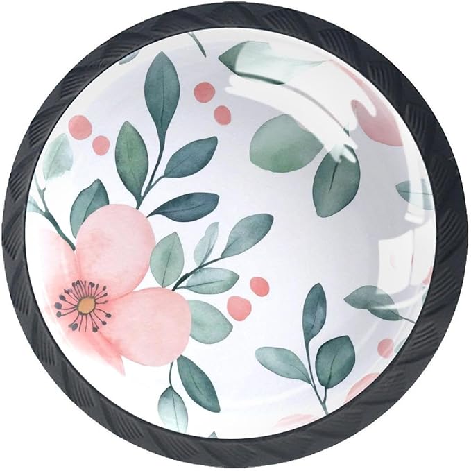 4 PCS Knobs for Dresser Drawers, Pink Flowers Green Leaves Branches ABS Round Kitchen Cabinet Handles Pulls for Kitchen Cupboard Wardrobe Hardware Bedroom