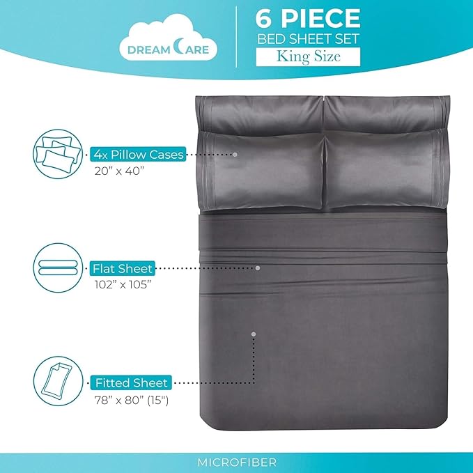 DREAMCARE Queen Sheet Set – 6 pcs Cooling Bed Sheets – up to 15” Deep Sheets Queen Size Bed Set – 2500 Supreme Collection – Extra Soft 100% Brushed Microfiber Hotel Luxury with Side Pocket – Gray