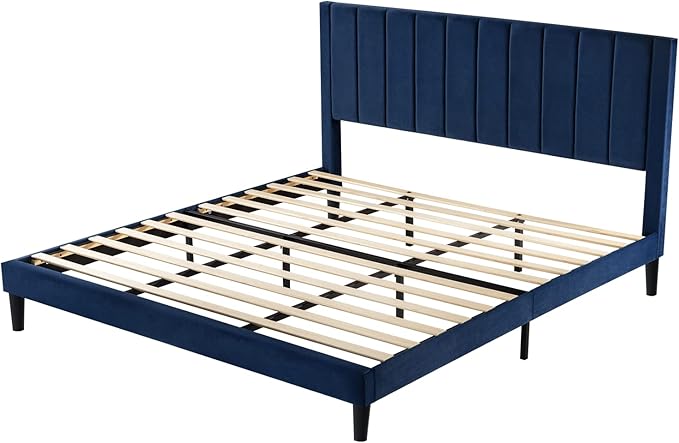 Allewie King Platform Bed Frame/Velvet Upholstered Bed Frame with Vertical Channel Tufted Headboard/Strong Wooden Slats/Mattress Foundation/Box Spring Optional/Easy Assembly/Navy Blue