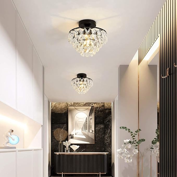 YYJLX Modern Small Crystal Ceiling Light Fixture Mini Black Semi Flush Mount Chandelier Light Fixture for Hallway Bedroom Bathroom Closet e26