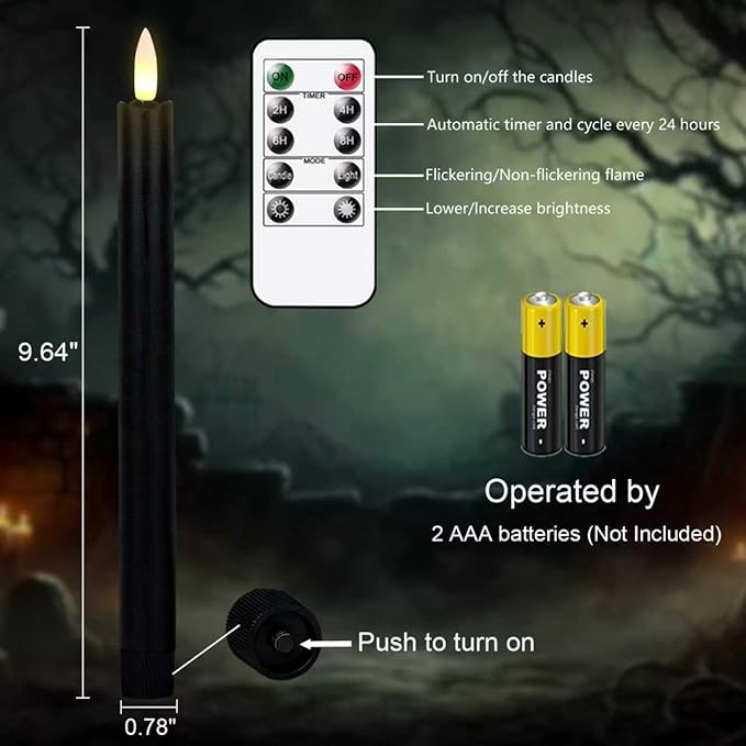 GenSwin Flameless Black Taper Candles Flickering with 10-Key Remote, Battery Operated Led Warm 3D Wick Light Window Candles Real Wax Pack of 6, Christmas Home Wedding Decor(0.78 X 9.64 Inch)