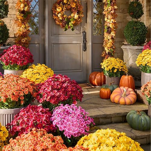 Artificial Mums for Outdoors, Faux Sunset Mum Flowers Planters for Indoor Outside Decor, Fake Look Real, Vibrant, UV Resistant, Waterproof, Windproof (1Mix, 10 Bundle)