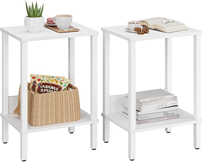 End Table, Side Table, Set of 2, Nightstands with 2-Tier Storage Shelves, Sofa Tables for Small Space, Coach Table for Living Room Bedroom, White UTBT101W2