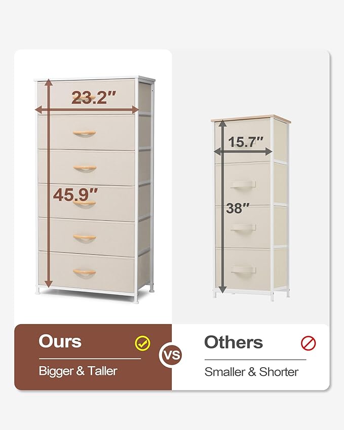 Crestlive Products Dresser for Bedroom with 6 Drawers, Tall Chest of Drawers, Fabric Dressers Bedroom Furniture, Storage Organizer Unit with Bins for Closet, Hallway, Living Room, Entryway(Beige)
