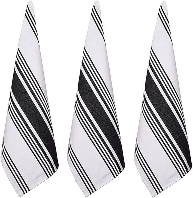 Urban Villa Kitchen Towels 100% Cotton Pack of 3, Highly Absorbent Quick Drying Super Soft Premium Dish Towels for Kitchen with Hanging Loop Hand & Tea Towels - 20x30 Inch, (Black & White, Striped)