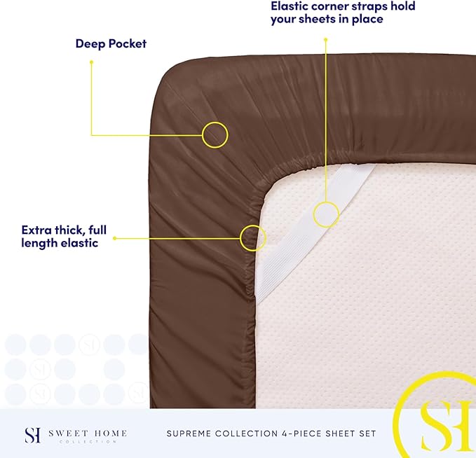 Queen Size Bed Sheets - Breathable Luxury Sheets with Full Elastic & Secure Corner Straps Built In - 1800 Supreme Collection Extra Soft Deep Pocket Bedding Set, Sheet Set, Queen, Brown