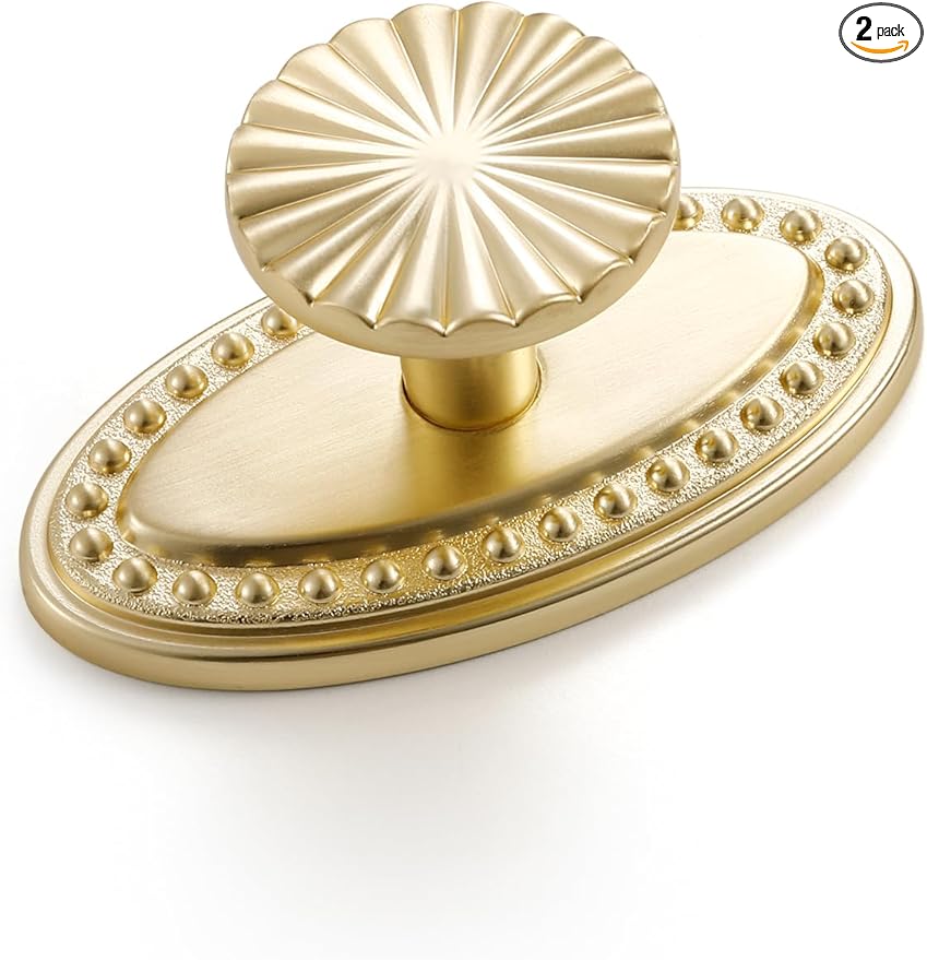 2 Pack Brushed Gold Cabinet Knobs with Base Brass Flat Drawer Pulls Kitchen Cupboard Bathroom Dresser Cabinet Hardware Handles Zinc Alloy