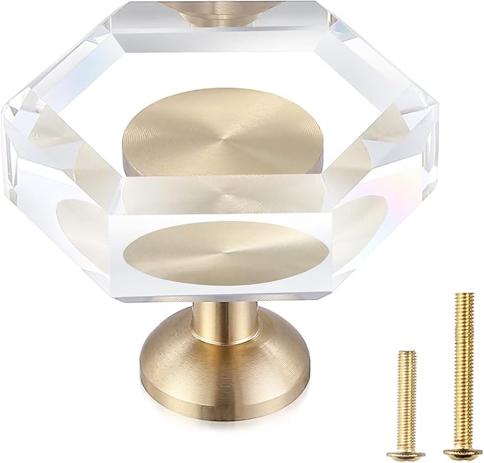 2-Pack Brass Base Crystal Drawer Knobs,Glass Crystal Gold Cabinet Knobs,1-5/16-Inch Hexagon,Kitchen Hardware Pulls, Modern Bathroom Hardware knob