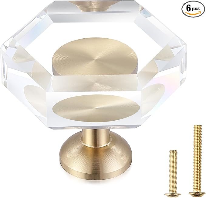 12-Pack Brass Base Crystal Drawer Knobs,Glass Crystal Gold Cabinet Knobs,1-5/16-Inch Hexagon,Kitchen Hardware Pulls, Modern Bathroom Hardware knob