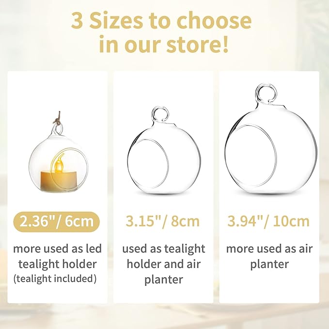 NUPTIO Mini Hanging Glass Tealight Globe Candle Holder with LED Candle, 2.36 Inches Diameter, Wedding Party Tree Decoration (36 Pcs)