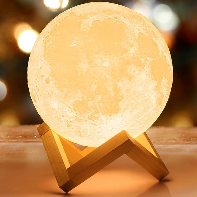 Mydethun 3D Moon Lamp, 9.6' Large Night Light with Wooden Base, Touch-Dimmable & Rechargeable, Gift for Mom, Bedroom, Home Décor, 16 Colors