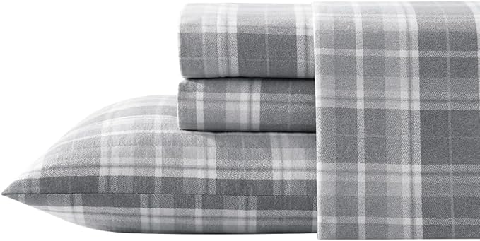 Laura Ashley - Flannel Sheets King Size, Anti-Pilling & Wrinkle Resistant Cotton, Touchably Soft for All-Season Comfort - Bed Sheets with Matching Pillowcases & Fitted Sheet (Mulholland Plaid Grey)