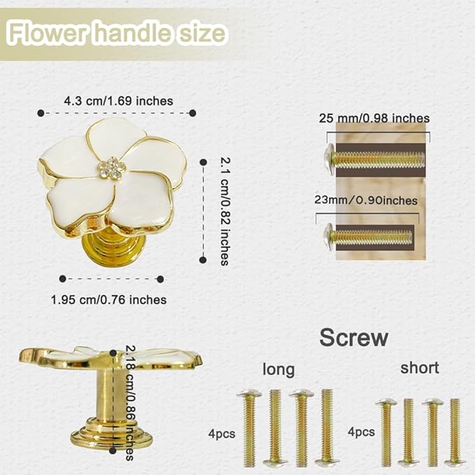 4 pcs Kitchen Handle Petal Knob Hand Zinc Alloy Single Hole Knob Inlaid Rhinestone Hand Handle for Cabinets,Drawers, Wardrobes Furniture Decoration(White)