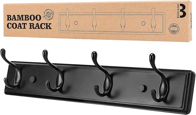 Wooden Coat Rack, Wall-Mounted Organizer for Closet, Entryway, Hallway, Foyer, Bedroom, Heavy Duty Double Hooks for Hanging Towels, Bags, Hats, Jackets, Key (Black, 4 Hooks)