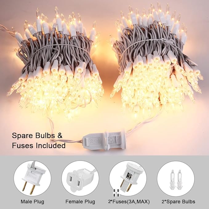 ODEETRONIC Incandescent Christmas Lights, 21.63ft 100 Count Clear Christmas Mini Lights Connectable, 120V UL Certified Indoor Warm White String Lights for Bedroom Party Patio Outside Decor, White Wire