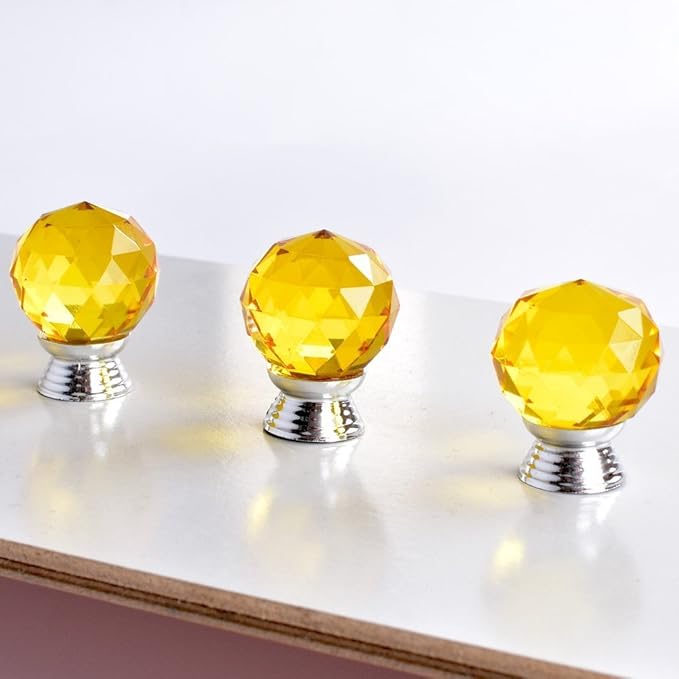 12 Pcs 30mm Round Shape Crystal Glass Cabinet Knobs with Screws Drawer Knob Pull Handle Used for Kitchen, Dresser, Door, Cupboard(Yellow)