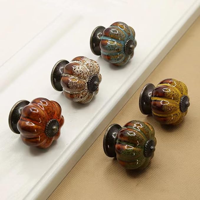 5 Pack Vintage Ceramic Pumpkin Cabinet Knobs, Kitchen Cabinet Drawers Dresser Cupboard Pull Handles Door Pulls with 5 Kinds of Screws (Leopard Print -Green)