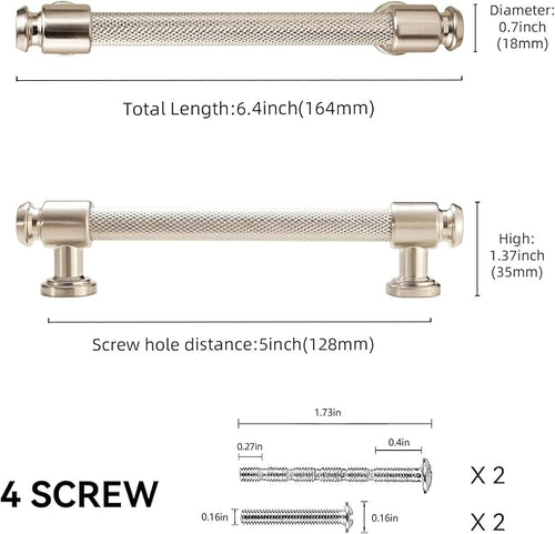 10 Pack 5 inch(128mm) Brushed Satin Nickel Kitchen Cabinet Handles Knurled Cabinet Pulls Silver Drawer Pulls Kitchen Cabinet Hardware