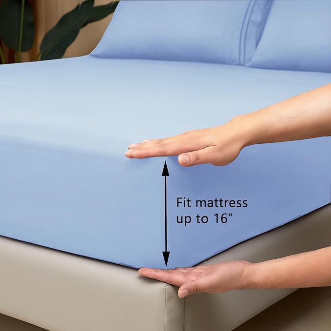 Mejoroom Queen Sheet Set - Hotel Luxury 1800 Sheets & Pillowcase Sets - Extra Soft Bed Sheets - Deep Pocket Fitted Sheet, Breathable, Wrinkle & Fade Resistant - 4 Piece (Queen,Light Blue)