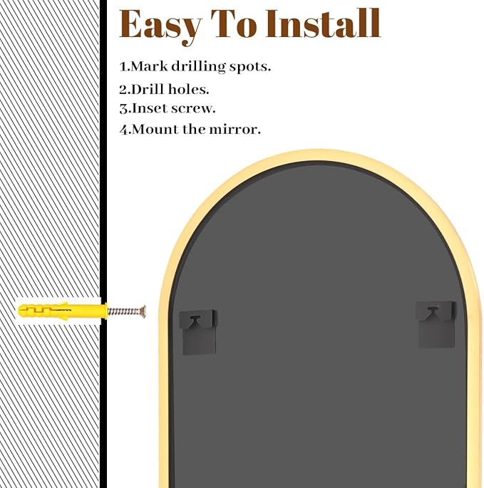 VooBang Arched Wall Mirror, 30 x 38 inch Arch Bathroom Mirror, Wall Mounted Vanity Mirror with Arch Metal Frame, Modern Bathroom Vanity Mirror for Bedroom, Living Room, Hanging or Leaning, Gold