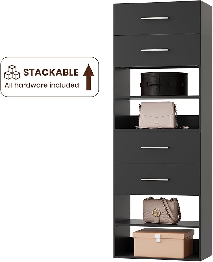 ROOMTEC 19.5" 2 Drawer Short Tower Closet Unit, Modular Closet System with Drawers and Shelf, Wardrobe Organizer for Bedroom or Walk-in Closet, Wall Mounted, Customizable Clothes Storage Unit, Black