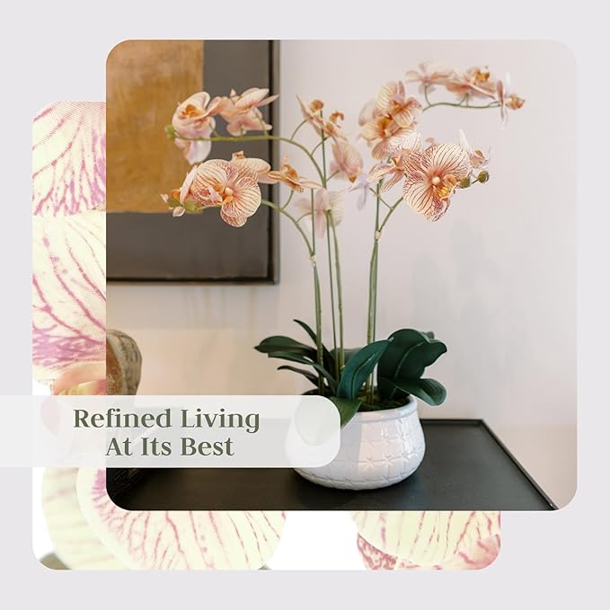 CG Hunter Faux Orange Orchid Plant, Premium Artificial Indoor Flower Display Stands 23”, Beautiful Sculptural Blooms That Lasts Forever, White Planter Pot Included