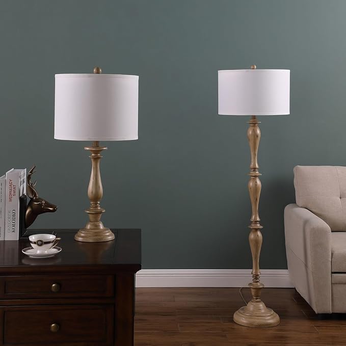 Design Floor Lamp Reading Light with Linen Shade, 61.5" Resin Farmhouse Floor Lamp, Vintage Standing Lamp for Living Room Bedroom Office (Brown 2 Packs)