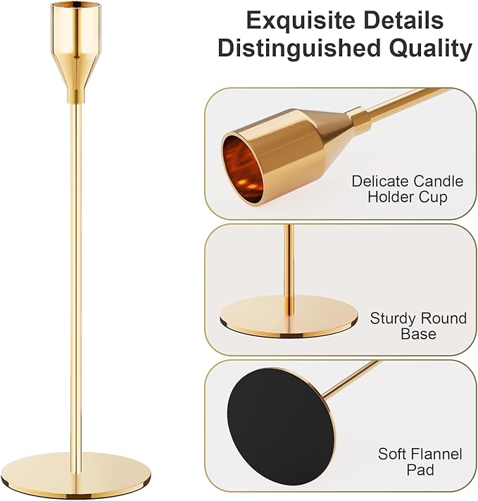 Gold Taper Candle Holders, Set of 3 Metal Candlestick Holders for Candle Sticks Holder Decor, Ideal for Mantle Table Centerpiece, Weddings, Dining, Housewarming Gift & Anniversaries