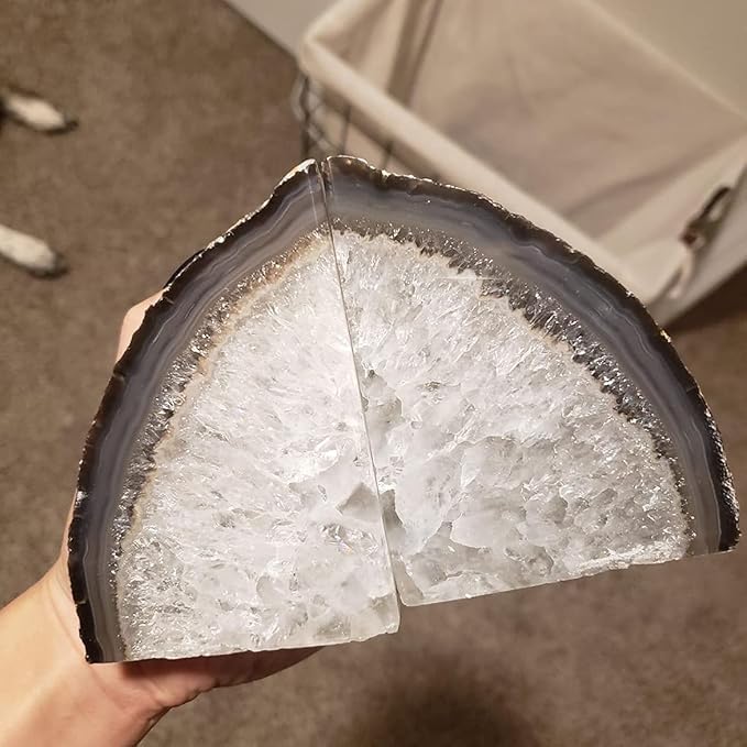 AMOYSTONE Agate Book Ends Shelves Decorative Geode Bookend Large Crystal Bookends Quartz Decor Nature Brown with Rubber Bumpers(1 Pair, 4-6 LBS)