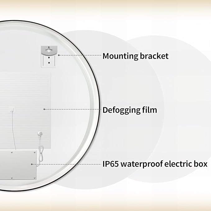 48" Round LED Bathroom Mirror, Wall Mounted Backlit Vanity Mirror with 45° Beveled Frame Lighted Mirror for Bedroom, Fog Free 3-Color Dimmable Lights Memory Function, Black