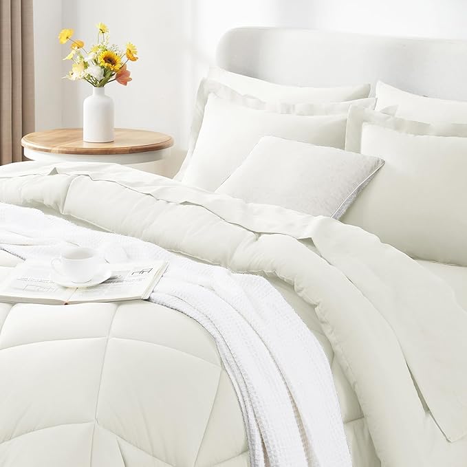 CozyLux Queen Comforter Set Ivory - Bed in a Bag Queen Size 7 Pieces, Luxury Soft Bed Set for All Seasons, Bedding Set with Down Alternative Comforter, Sheets, Pillowcases & Shams