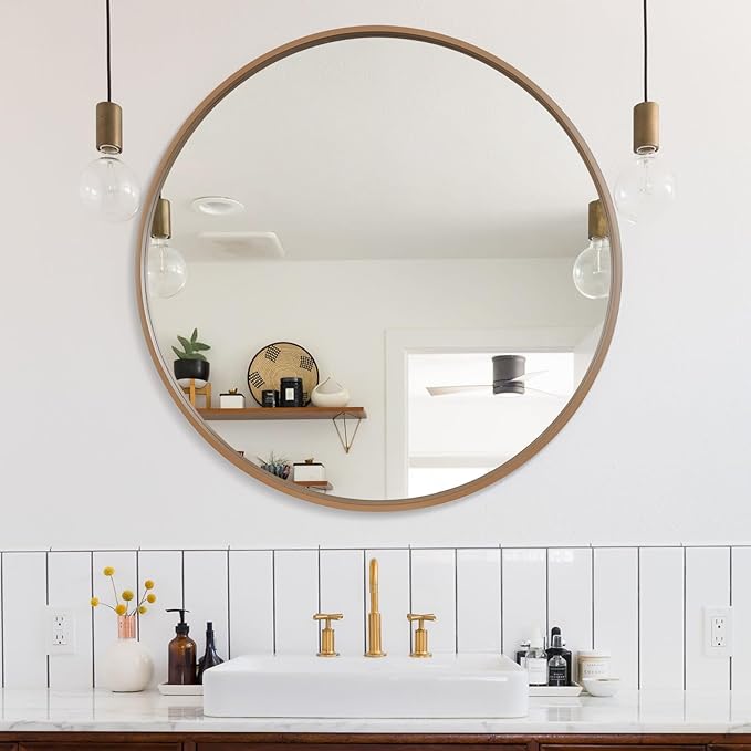 WallBeyond Round Wood Mirror, 36" Round Modern Decoration Large Circle Wall Mirror for Bathroom Living Room Bedroom Entryway, Honey
