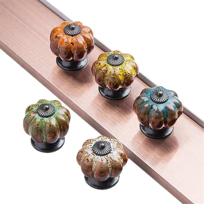 10 Pack Vintage Ceramic Pumpkin Cabinet Knobs, Kitchen Cabinet Drawers Dresser Cupboard Pull Handles Door Pulls with 5 Kinds of Screws (Leopard Print -Yellow)