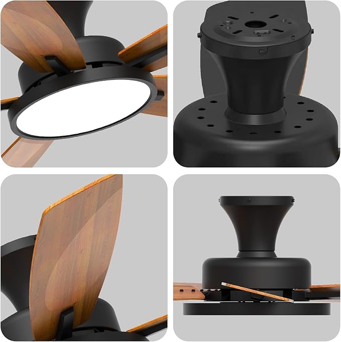 TALOYA 52 inch Ceiling Fans with Lights and Remote, Low Profile Ceiling Fan with Light, Flush Mount, Reversible, 3CCT, Dimmable, Ultra Quiet Black Ceiling Fan for Bedroom Living Room Indoor Outdoor