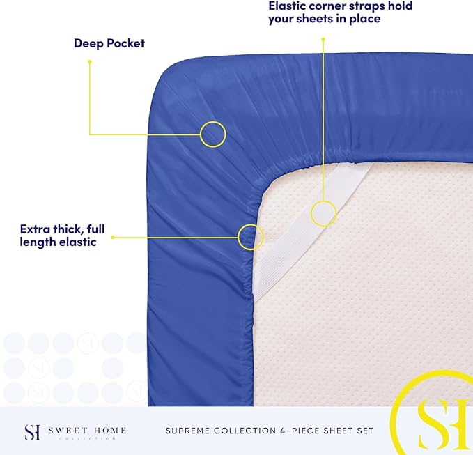 RV Queen Bed Sheets - Breathable Luxury Sheets with Full Elastic & Secure Corner Straps Built In - 1800 Supreme Collection Extra Soft Deep Pocket Bedding Set, Sheet Set, RV Short Queen, Royal Blue
