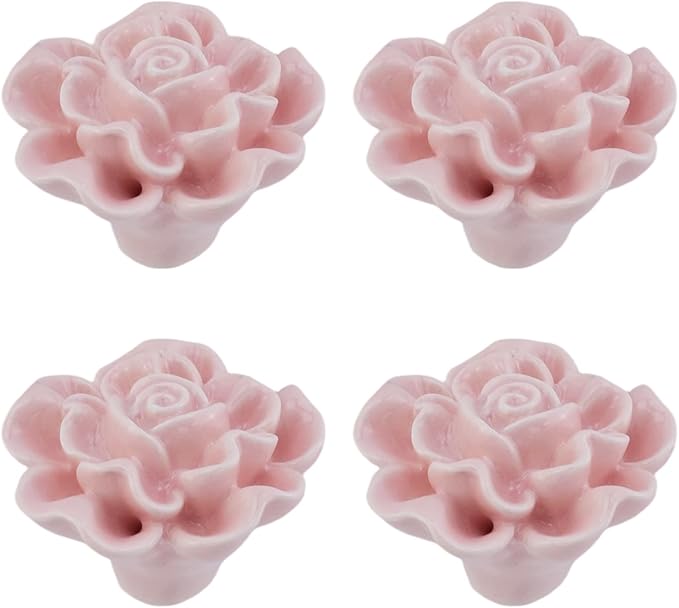 4PCS 1.65" × 1.3" Ceramics Light Pink Rose Knobs Flower Shaped Drawer Pulls for Cupboard with 2 Kinds of Screws