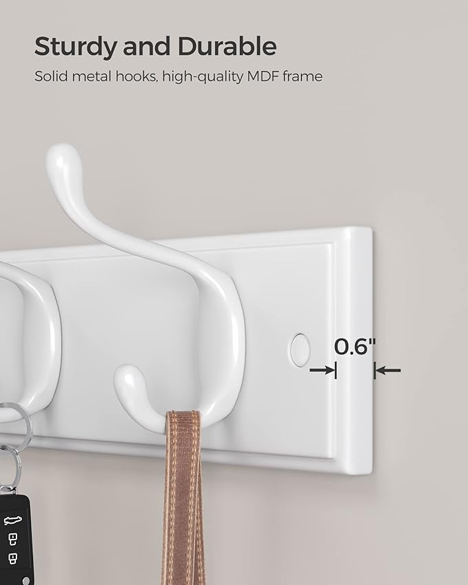 SONGMICS Wall-Mounted Coat Rack, Hook Rack, 4 Dual Metal Hooks, for Coats, Bags, Keys, in the Entryway, Bedroom, Living Room, White ULHR23WT