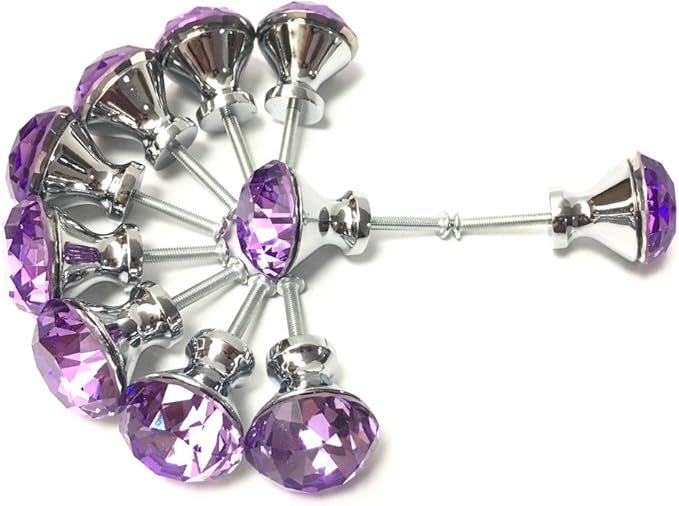 10 Pcs 30mm Silver Plated Base Diamond Shape Crystal Glass Cabinet Knob Drawer Knob Pull Handle Used for Kitchen, Dresser, Door, Cupboard (Purple)