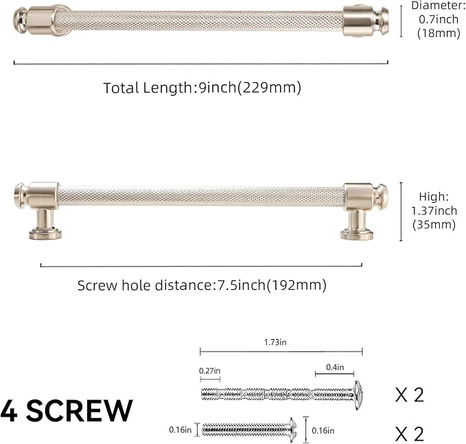10 Pack 7-1/2 inch(192mm) Brushed Satin Nickel Kitchen Cabinet Handles Knurled Cabinet Pulls Silver Drawer Pulls Kitchen Cabinet Hardware