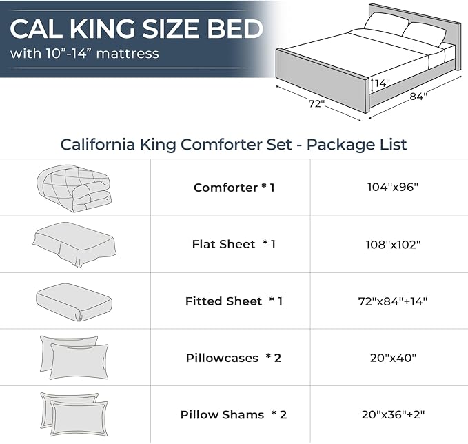 HEVUMYI Dusty Blue Cali-King Comforter Set - 7-Piece All Season Bed in a Bag Cali-King, Ultra Soft Bedding Set with Comforter, Flat Sheet, Fitted Sheet, Pillowcases, Pillow Shams