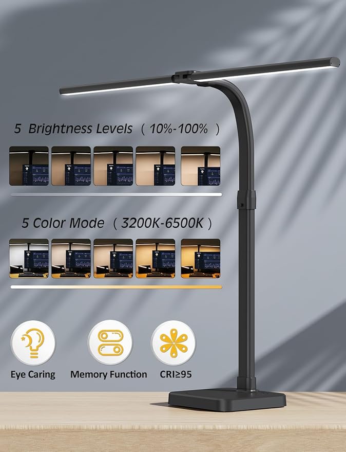 LED Desk Lamp for Home Office, Double Head 24W with Base, Architect Light 5 Lighting Brightness Flexible Gooseneck Table Reading Study, Black