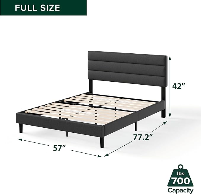 ZINUS Full Piper Upholstered Platform Bed with Horizontal Paneled Headboard, Wooden Slat Support, No Box Spring Needed, Easy Assembly, Eco Friendly Packaging, Dark Grey