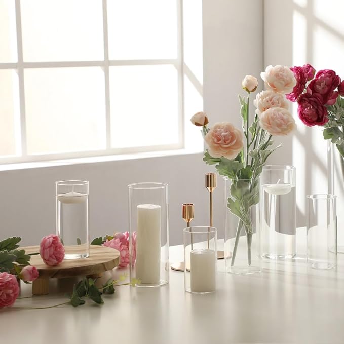 Set of 3 White Pillar Candles and Glass Candle Holders, Clear Cylinder Vases Pillar Candle Holders for Pillar Candles, Hurricane Candle Set for Party, Table, Home Decor, Wedding Centerpieces
