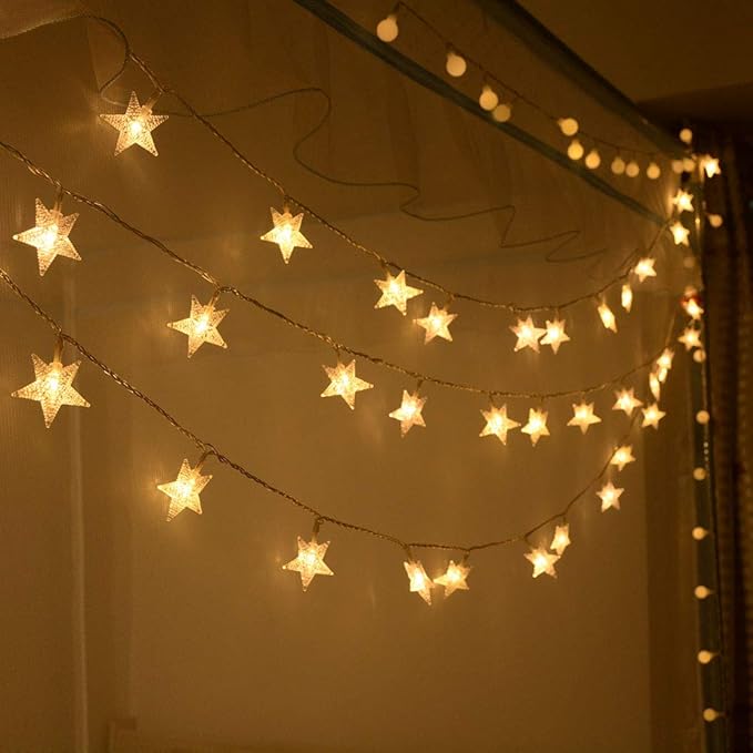 Homeleo Warm White 50 Led Star Fairy Lights with Remote Control, Battery Powered Five-Pointed Star String Lights