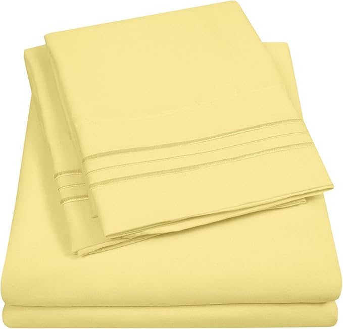 Sweet Home Collection Twin Size Sheet Set with Built-in Sheet Straps - Deep Pocket Fitted Sheet, Flat Sheet & Pillowcases - Soft, Wrinkle-Free, Secure Fit - Pale Yellow