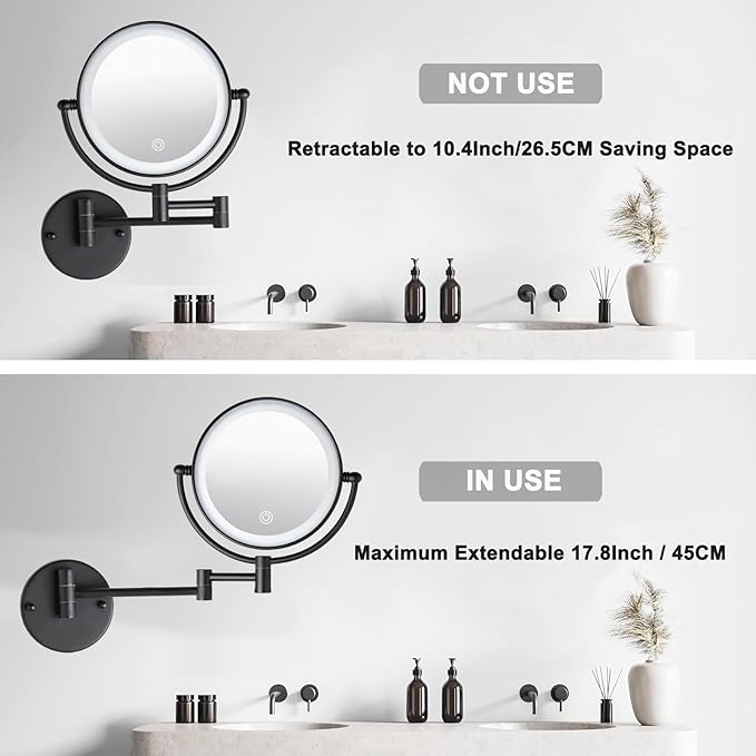 Brushed Brass Lighted Wall Mounted Mirror Magnifying 1×10×, 8-Inch Rechargeable Double Sided, Touch Dimmable Extended Arm 360 Rotation Cosmetic Mirror for Bathroom, Matt Black